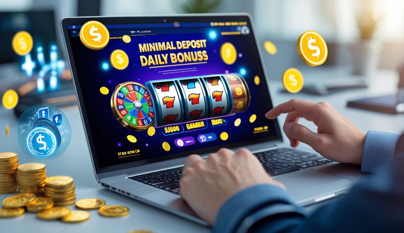 Seseorang menggunakan perangkat digital yang menampilkan permainan judi online dengan simbol slot dan chip di meja kerja yang rapi.