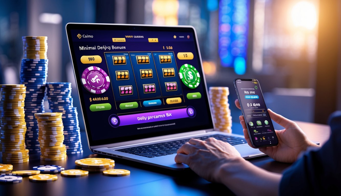 Sebuah ruang kerja modern dengan laptop dan ponsel yang menampilkan permainan judi online dan notifikasi bonus.