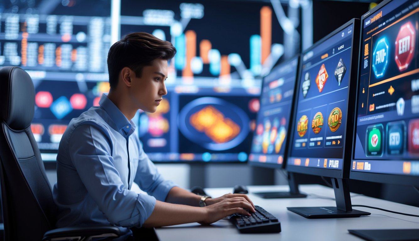 Seorang dewasa muda duduk di depan beberapa layar komputer yang menampilkan permainan judi online dan grafik strategi, di ruang kerja modern yang rapi.