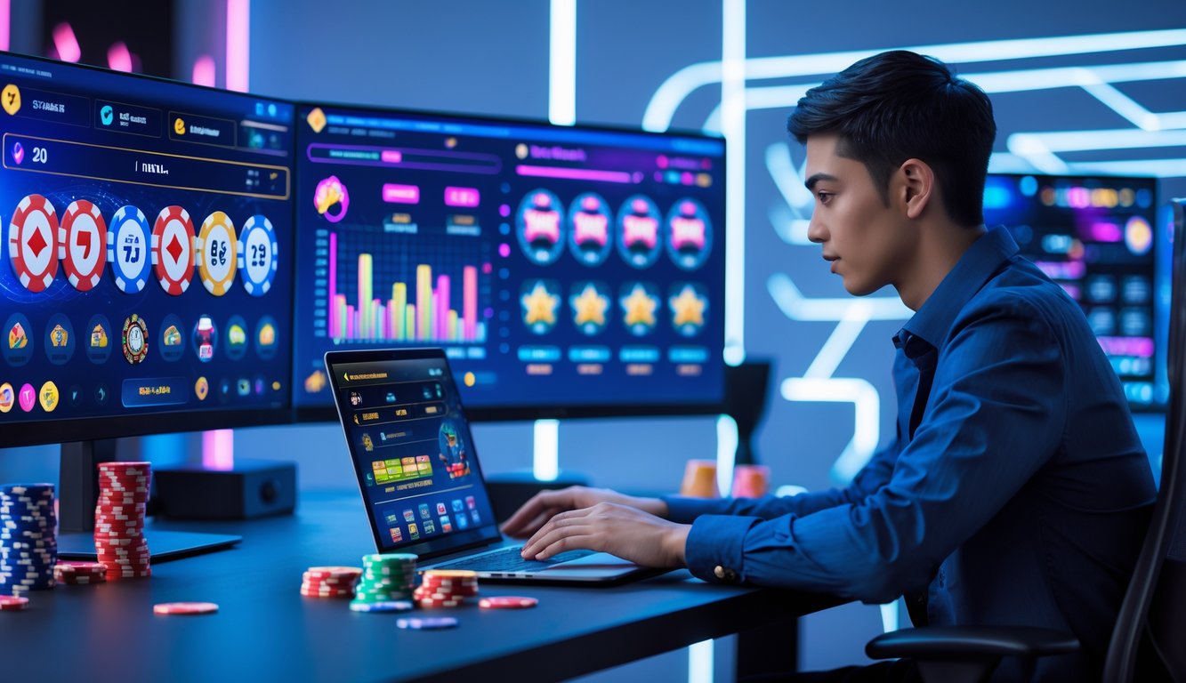 Seorang dewasa muda fokus menggunakan laptop dan ponsel di meja dengan beberapa layar menampilkan permainan judi online dan grafik kemenangan.