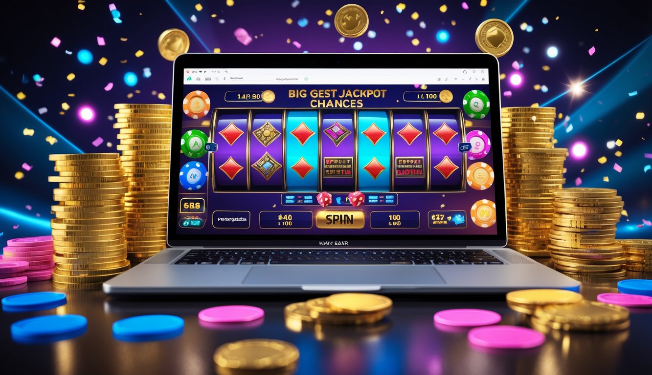Seseorang menggunakan komputer dengan tampilan permainan judi online dan tumpukan koin emas di sekitarnya.
