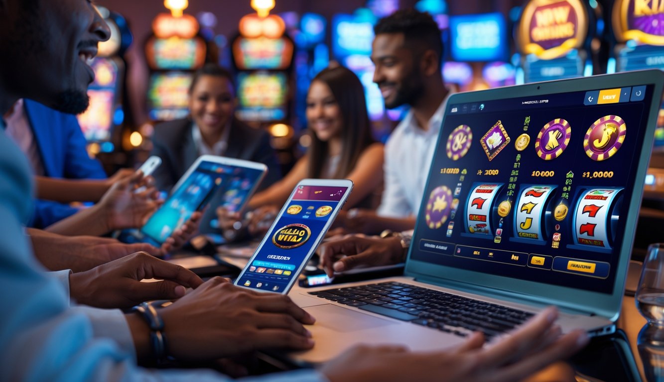Beberapa orang menggunakan perangkat digital untuk bermain game judi online dengan suasana ceria dan penuh semangat.