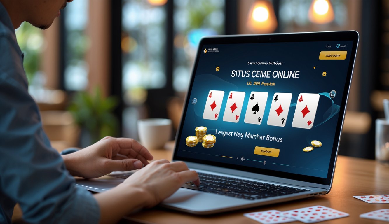 Seseorang menggunakan laptop atau ponsel untuk bermain permainan kartu online di lingkungan yang nyaman.