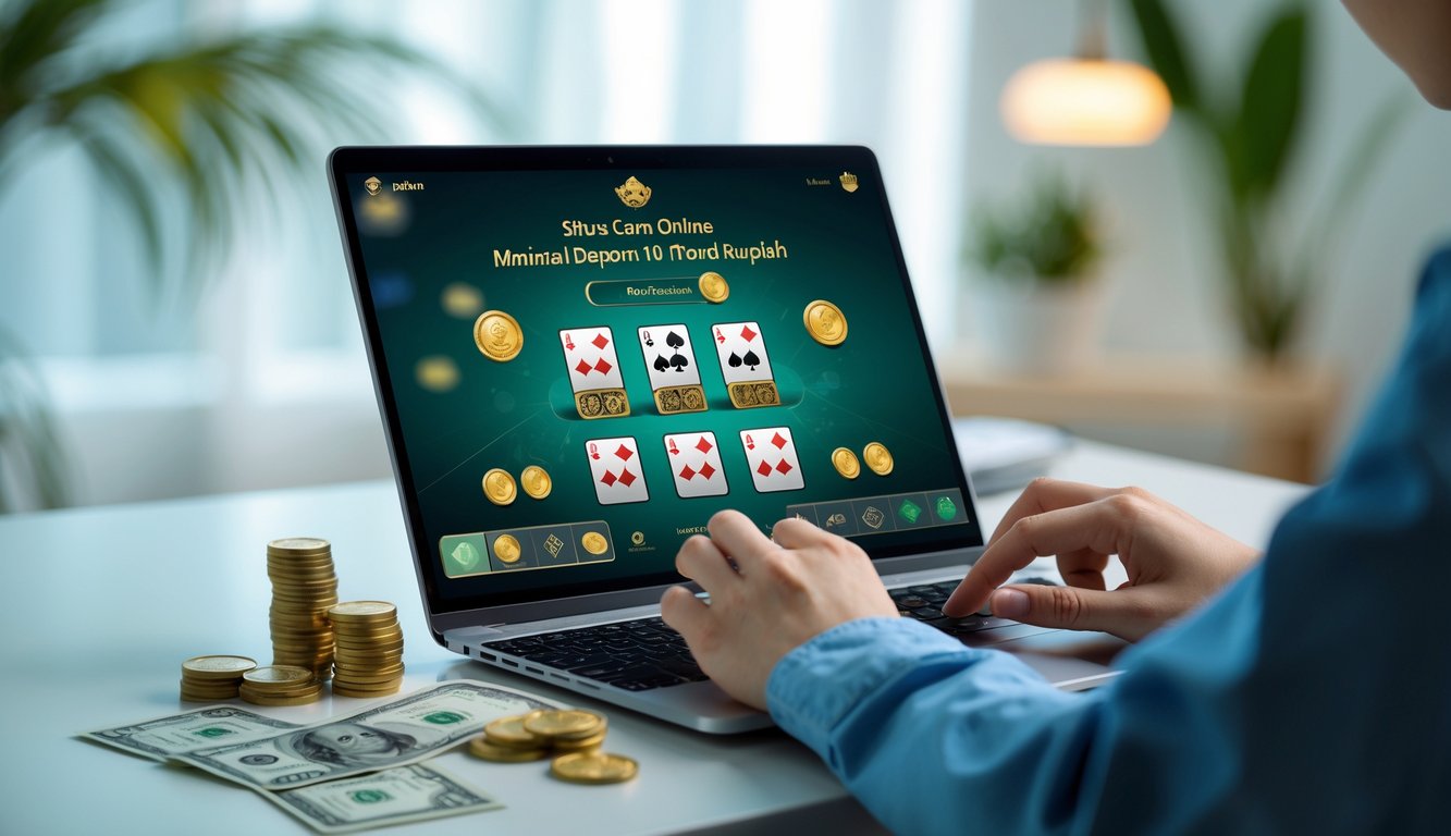 Seseorang menggunakan laptop atau ponsel untuk bermain permainan kartu Ceme online dengan chip dan uang di sekitarnya.