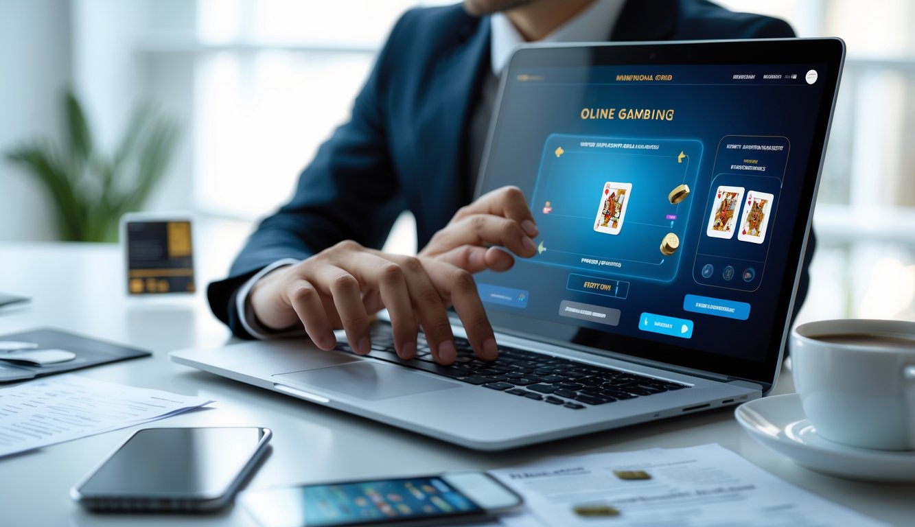 Seseorang menggunakan laptop di meja kerja modern dengan tampilan permainan kartu digital dan ponsel di sampingnya menunjukkan notifikasi transaksi.