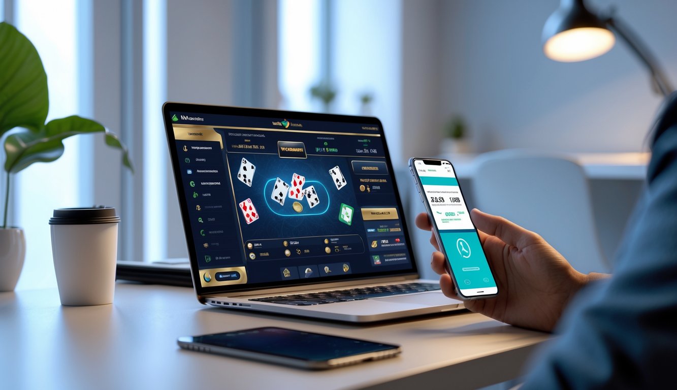 Sebuah meja kerja modern dengan laptop yang menampilkan permainan kartu online dan ponsel yang menunjukkan notifikasi deposit berhasil.