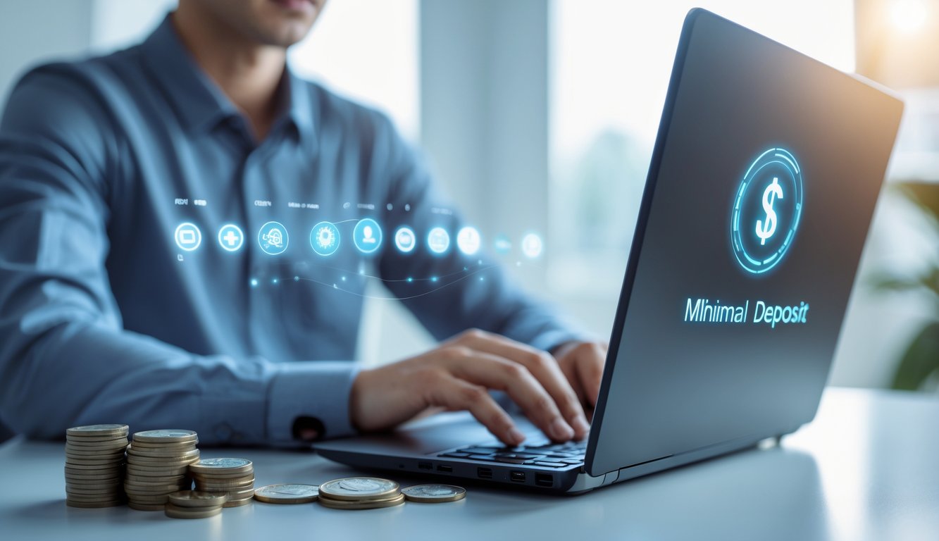 Seorang dewasa muda menggunakan laptop di meja kerja yang rapi dengan uang rupiah di dekatnya, menunjukkan suasana permainan online yang terpercaya dan investasi minimal.