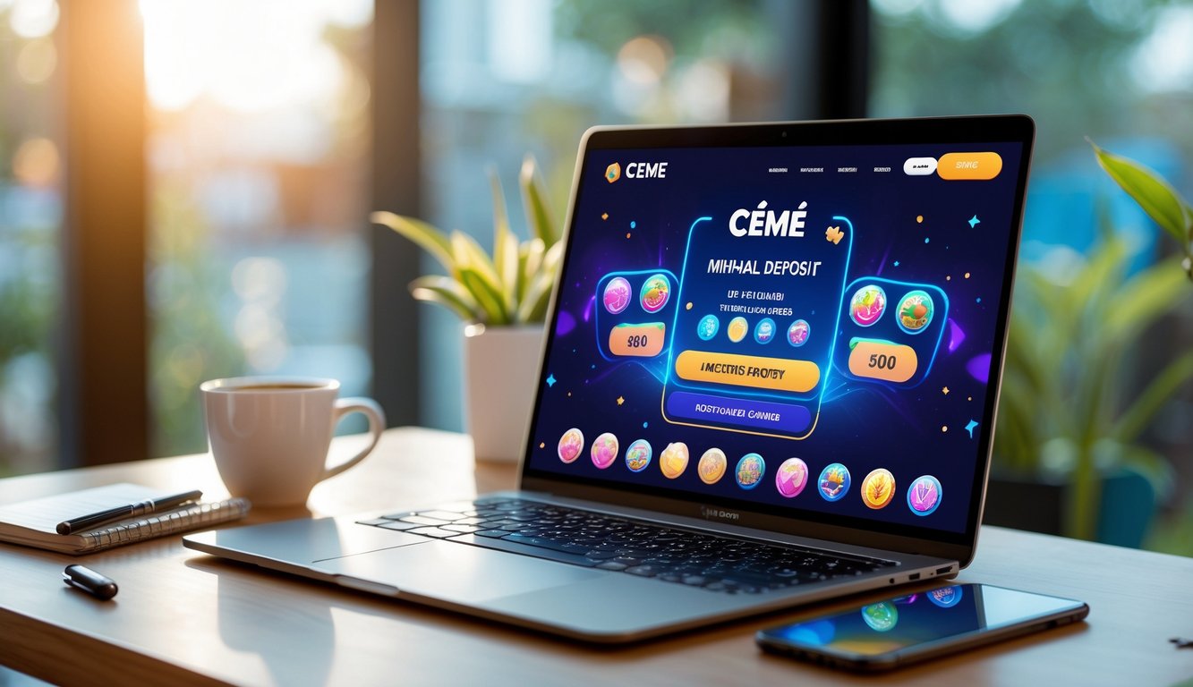 Seorang pengguna sedang menggunakan laptop dengan tampilan situs permainan Ceme online di meja kerja yang rapi, dengan secangkir kopi dan ponsel di sampingnya.