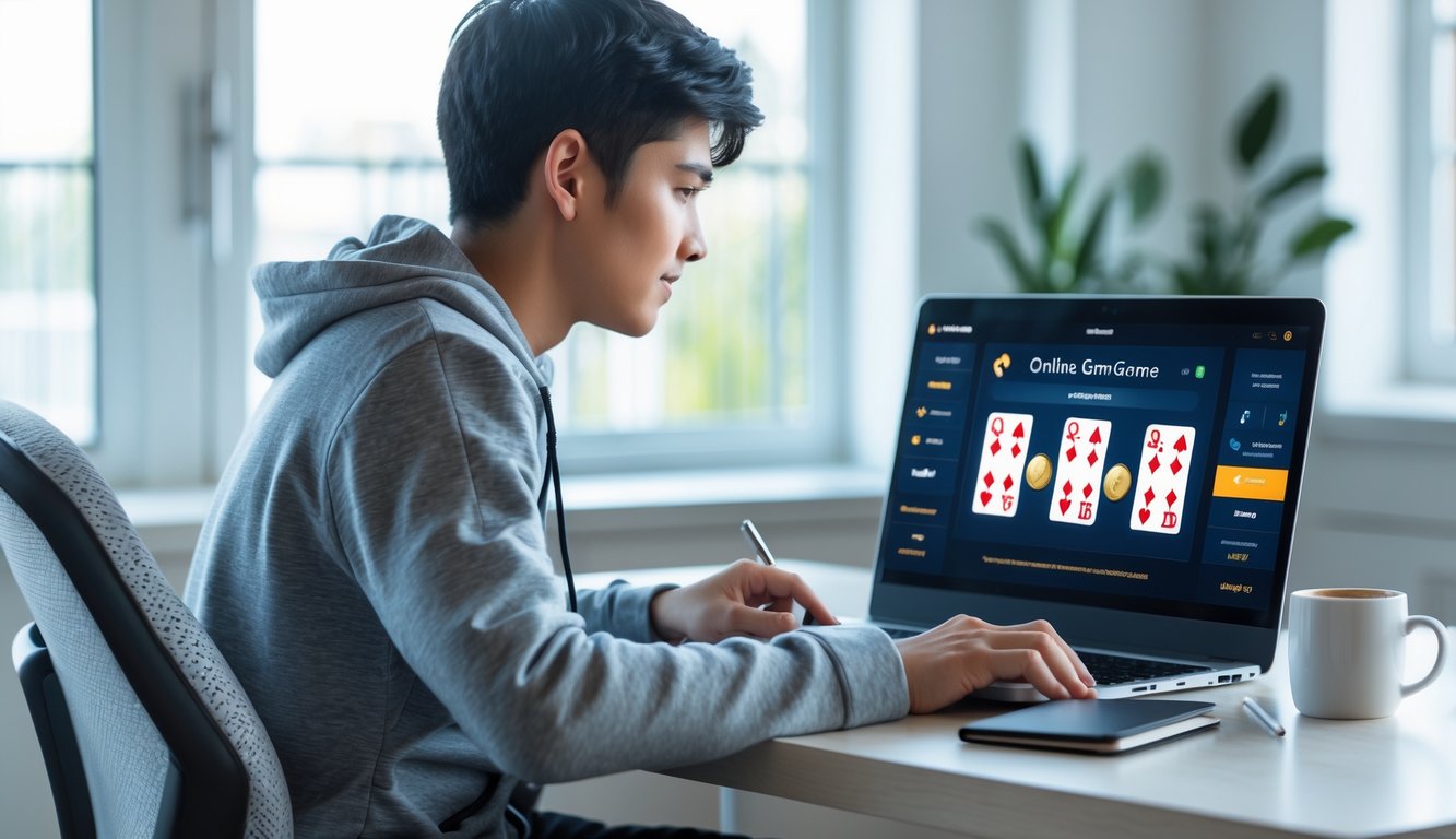 Seorang pemula duduk di meja rumah menggunakan laptop untuk bermain permainan kartu online dengan suasana terang dan nyaman.