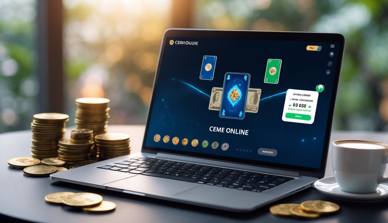 Seorang pengguna sedang bermain permainan kartu online di laptop dengan uang dan ponsel di meja, menunjukkan suasana bermain game online dengan bonus dan cashback.