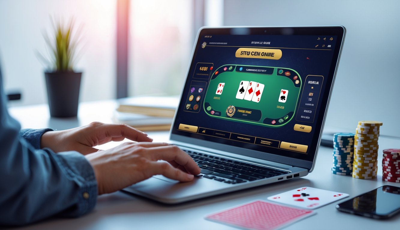 Seseorang bermain permainan kartu Ceme online di laptop di meja kerja yang rapi dengan chip poker dan kartu di sekitar.