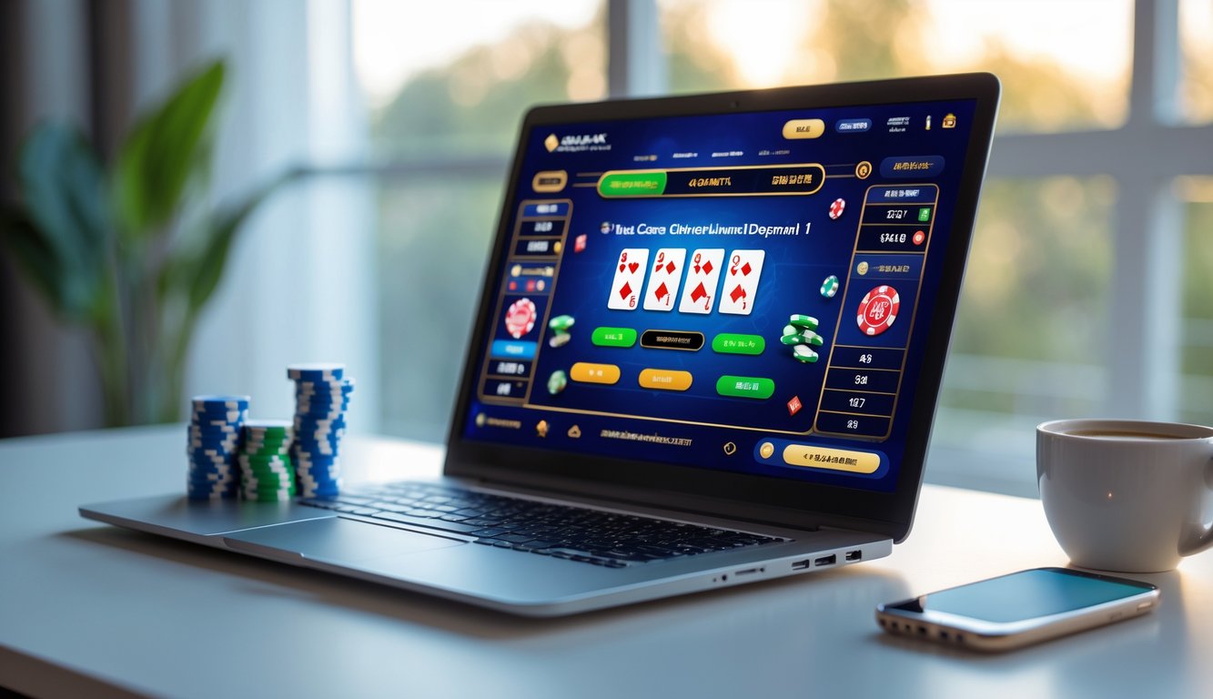 Seorang pemain menggunakan laptop dengan tampilan permainan kartu Ceme online dan chip taruhan di meja, menunjukkan suasana bermain judi online dengan deposit rendah.