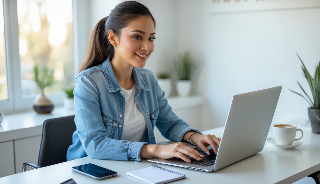 Seorang wanita muda duduk di meja dengan laptop di ruang kerja rumah yang terang dan rapi, tampak fokus dan tersenyum saat melakukan pendaftaran online.