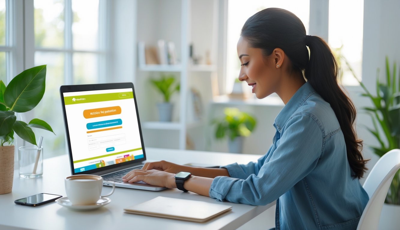 Seorang wanita muda duduk di meja kerja dengan laptop, terlihat fokus mengisi formulir pendaftaran online di ruangan yang terang dengan tanaman hijau di latar belakang.