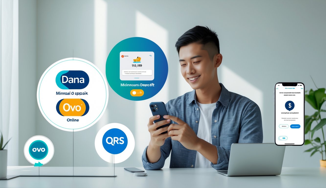 Seseorang menggunakan ponsel untuk melakukan pembayaran online dengan metode Dana, OVO, dan QRIS.