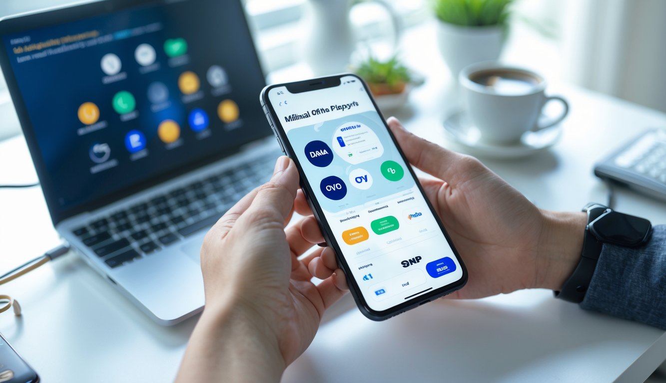 Tangan seseorang memegang ponsel dengan aplikasi dompet digital yang menampilkan ikon Dana, OVO, dan QRIS dalam suasana ruang kerja yang terang dan rapi.