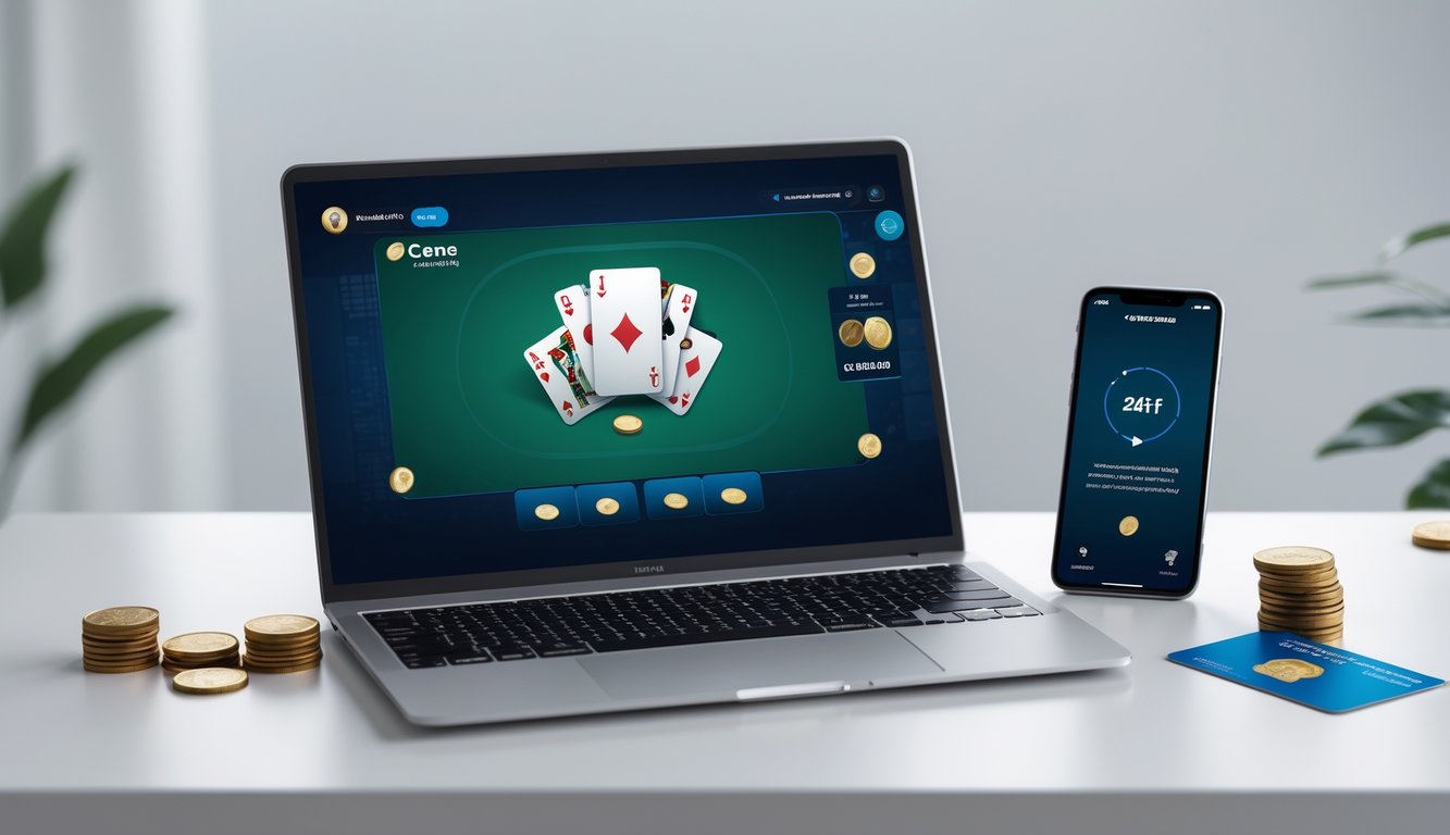Seorang pengguna sedang bermain permainan kartu Ceme secara online di laptop dengan ponsel di samping yang menunjukkan layanan 24 jam.