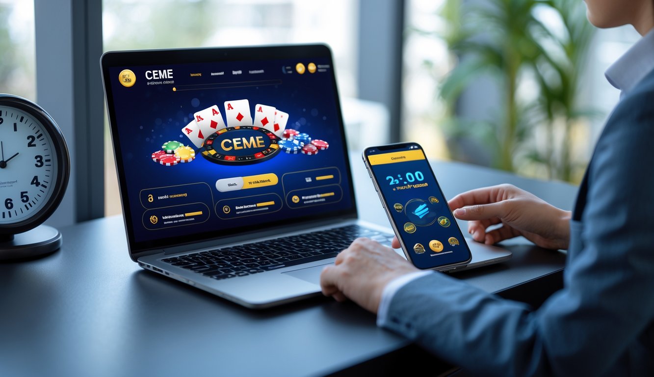 Seorang pria menggunakan laptop dan smartphone di meja kerja modern dengan tampilan permainan kartu online di layar.