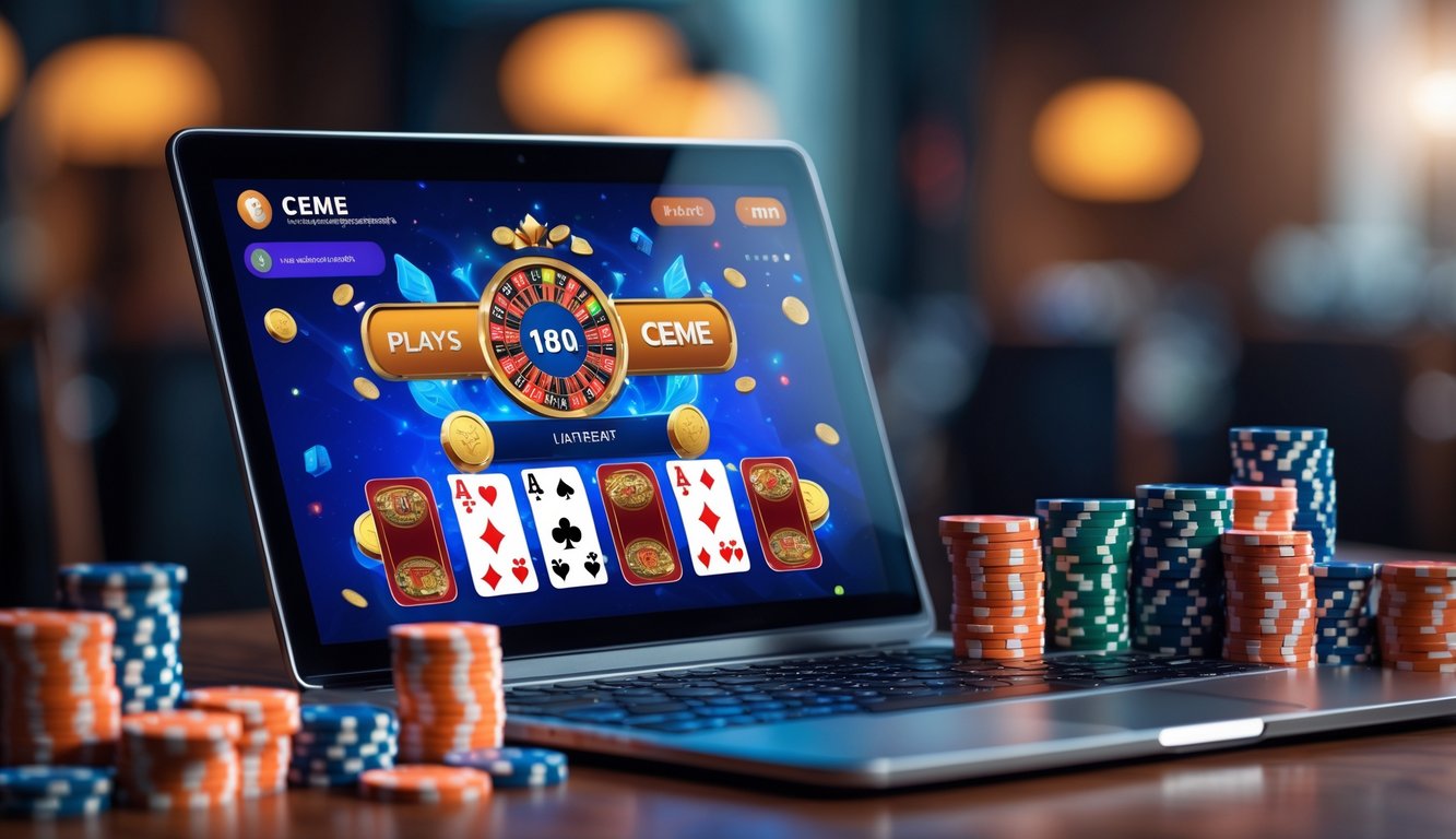 Seseorang bermain permainan kartu Ceme online dengan perangkat digital di atas meja kayu, dikelilingi oleh chip poker dan kartu.