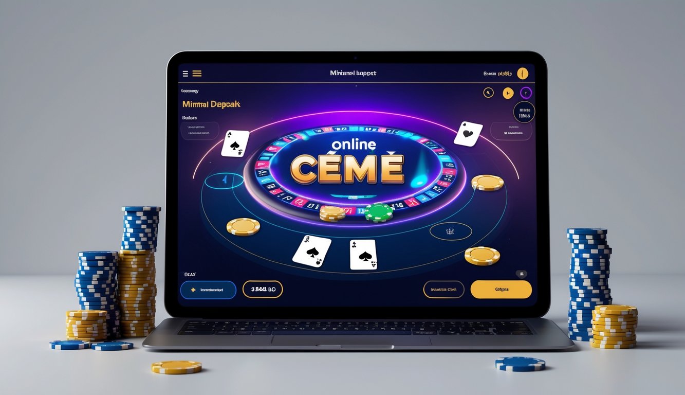 Seorang pemain menggunakan laptop untuk bermain permainan Ceme online dengan tumpukan chip kecil di meja.