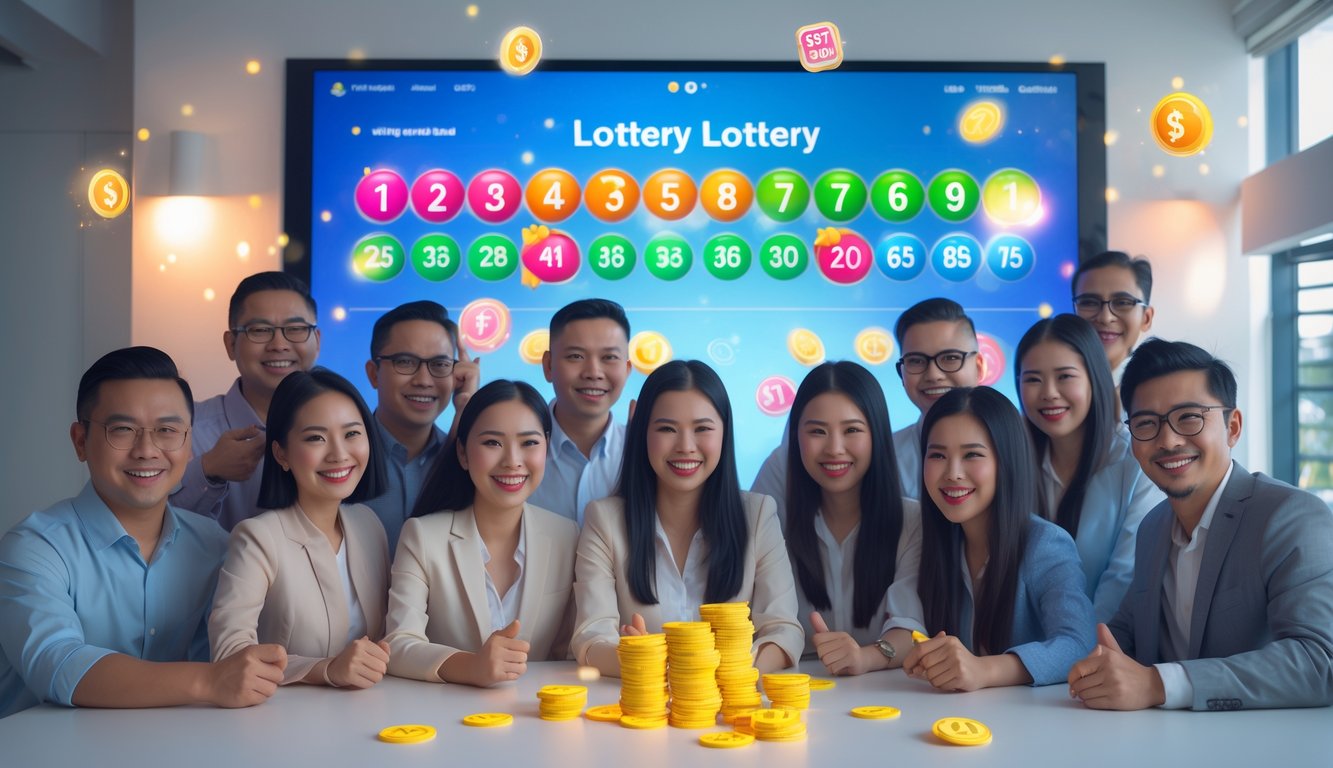 Sekelompok orang bahagia berkumpul di depan layar digital yang menampilkan angka lotere dan simbol kemenangan, di ruangan modern dengan pencahayaan lembut.