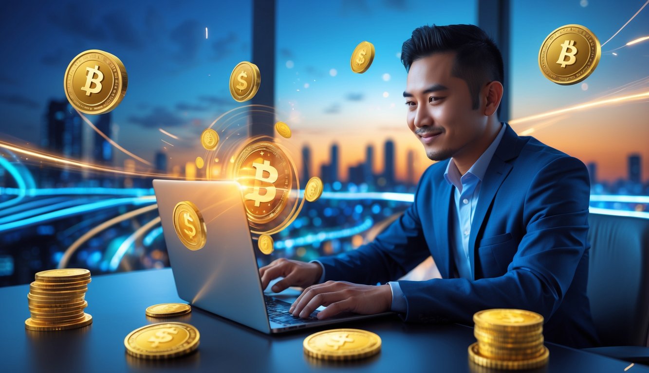 Seorang pria Indonesia sedang menggunakan laptop di meja modern dengan latar kota futuristik di malam hari, dikelilingi oleh simbol kekayaan dan kecepatan.