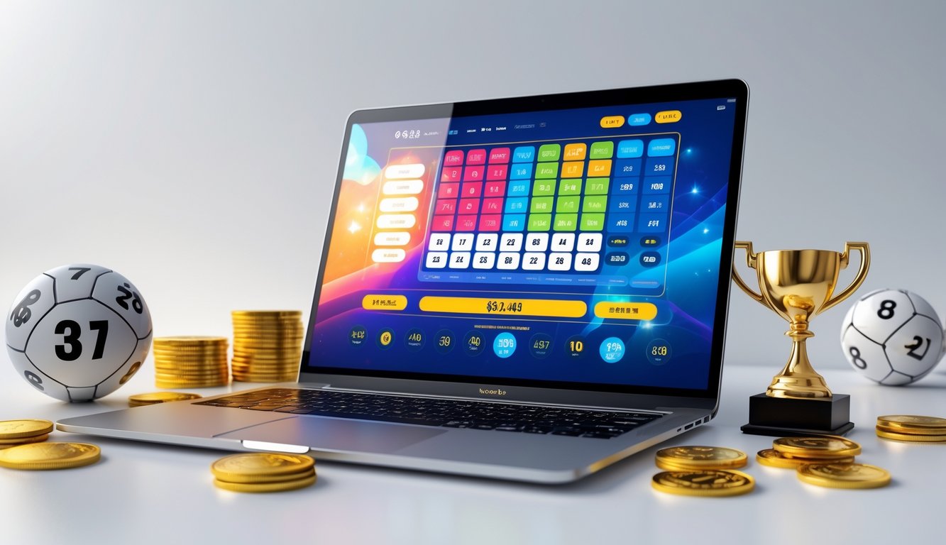 Seseorang menggunakan komputer dengan tampilan situs togel online yang menampilkan angka dan hadiah besar, dikelilingi oleh koin emas dan bola togel.