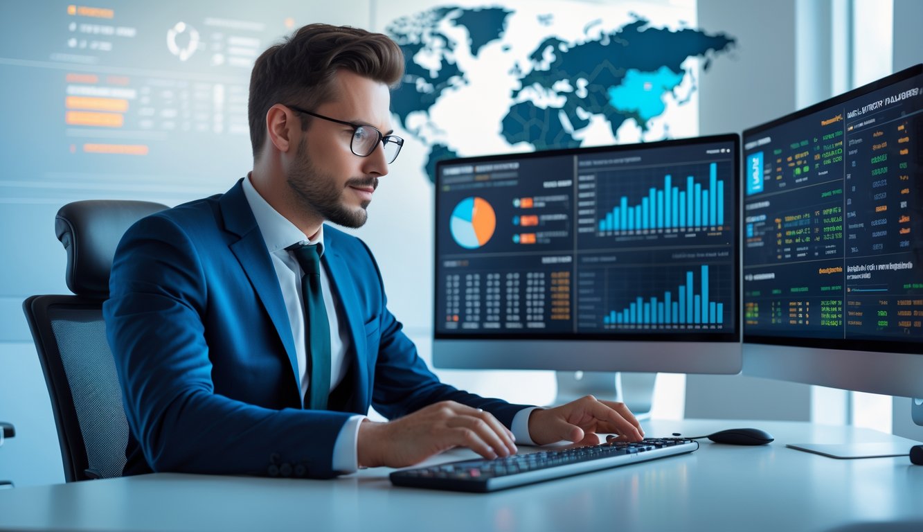 Seorang profesional sedang menganalisis data di depan beberapa layar komputer di kantor modern.