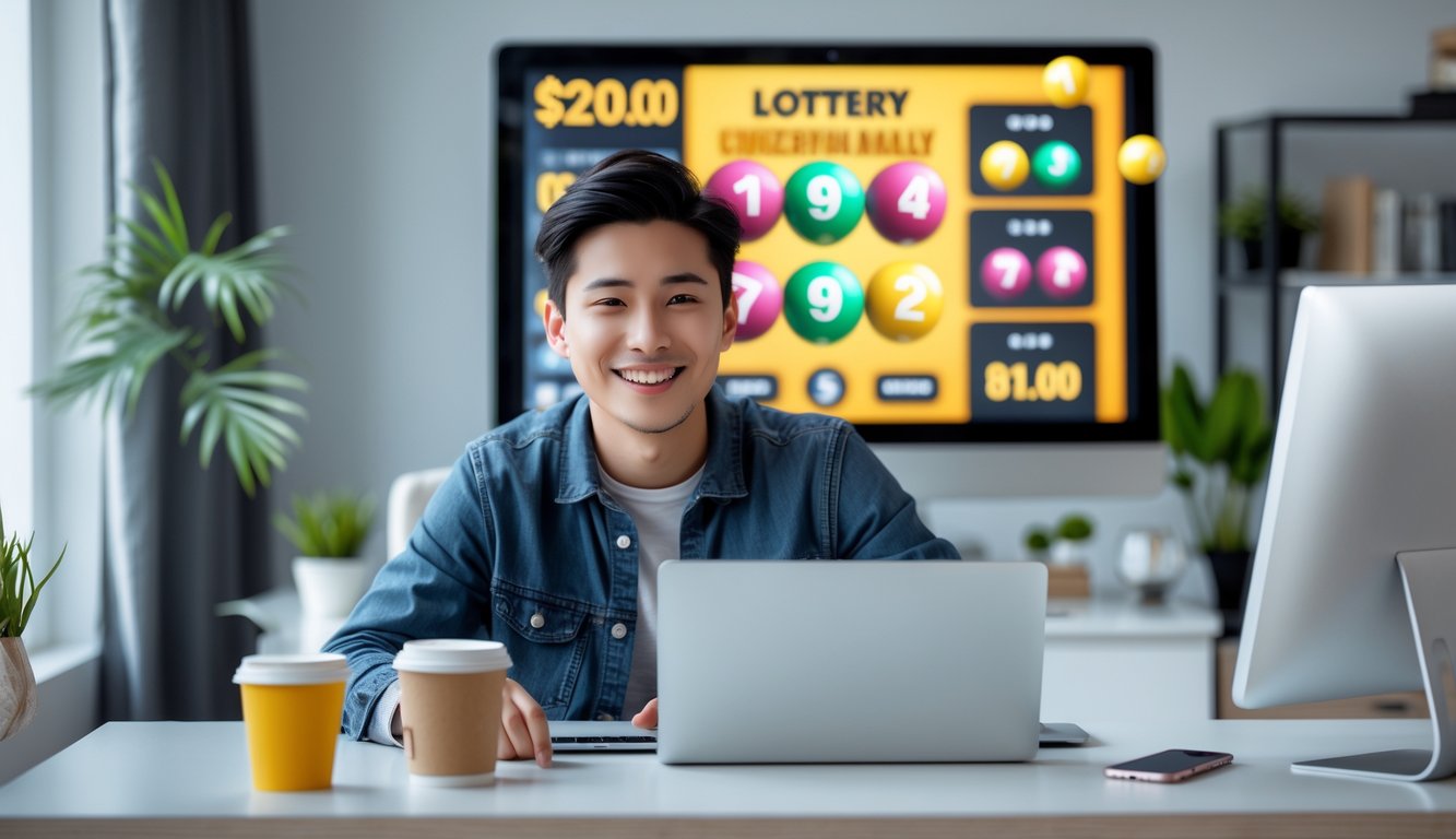 Seorang dewasa muda duduk di meja modern menggunakan laptop dengan ekspresi senang, menunjukkan suasana menang dalam permainan lotere online.