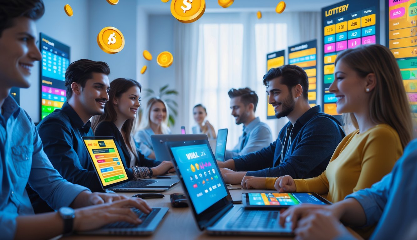 Sekelompok orang muda menggunakan perangkat digital di ruangan modern dengan tampilan antarmuka lotere online yang penuh warna dan simbol hadiah.
