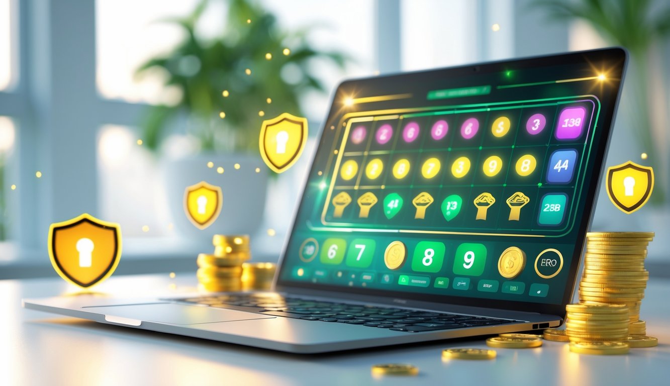 Seorang pengguna sedang melihat layar perangkat digital yang menampilkan antarmuka lotere online dengan simbol hadiah dan jackpot di ruang kerja yang terang.