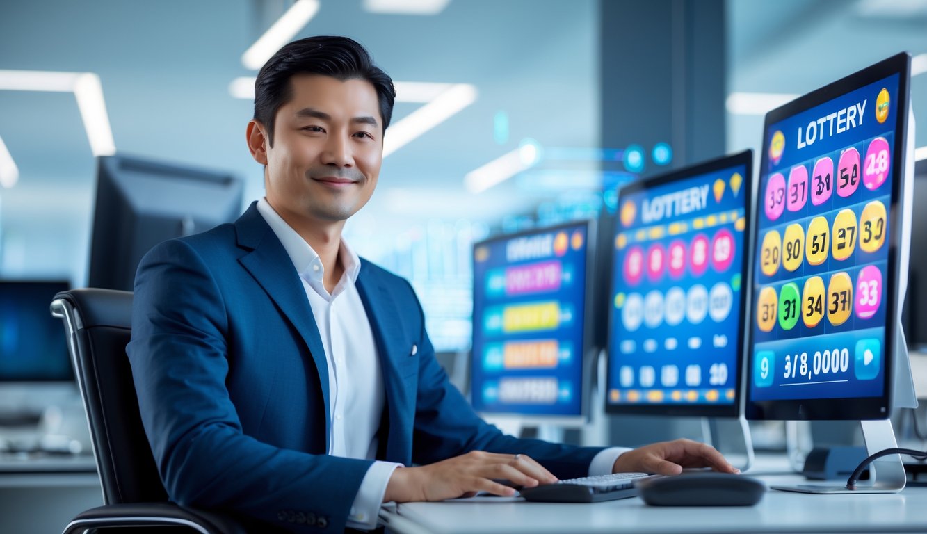 Seorang pria bisnis Asia yang percaya diri duduk di meja modern dengan beberapa layar komputer menampilkan angka togel dan grafik di kantor berteknologi tinggi.