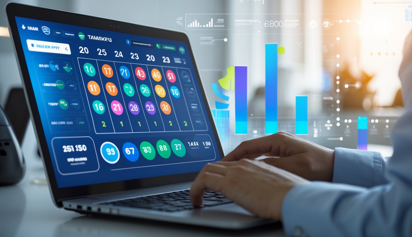 Seseorang menggunakan laptop dengan tampilan angka lotere berwarna-warni di layar dalam ruangan yang terang dan modern.