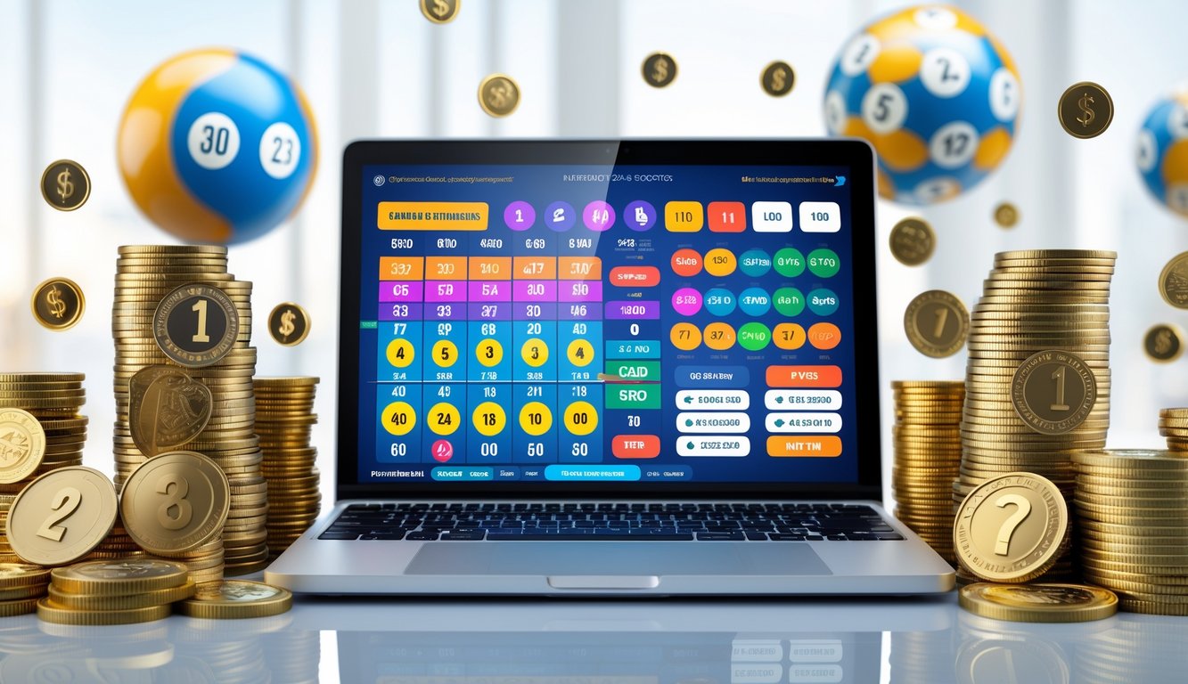 Seorang pengguna duduk di depan komputer dengan layar menampilkan antarmuka togel online dan berbagai elemen uang serta bola togel di sekitarnya.