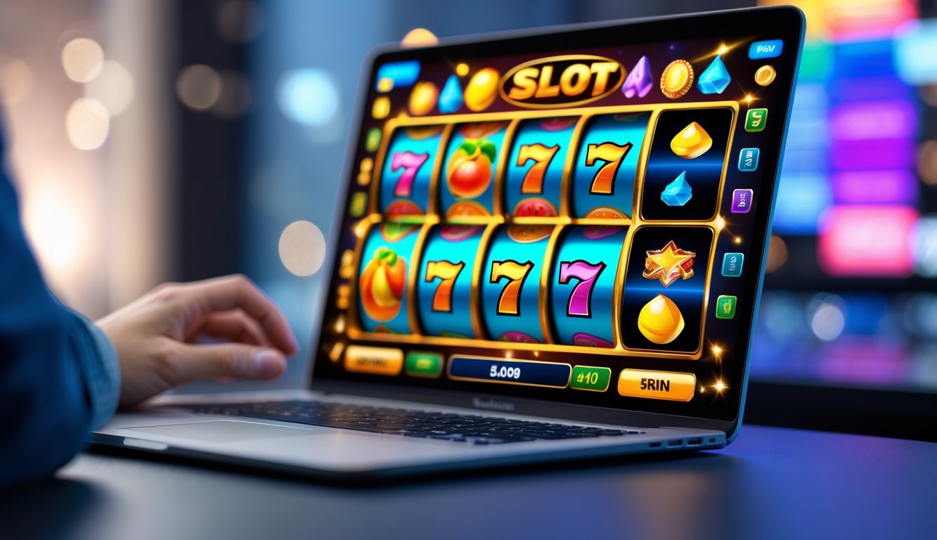 Seorang pengguna bermain mesin slot online di laptop dengan gulungan simbol warna-warni yang sedang berputar.