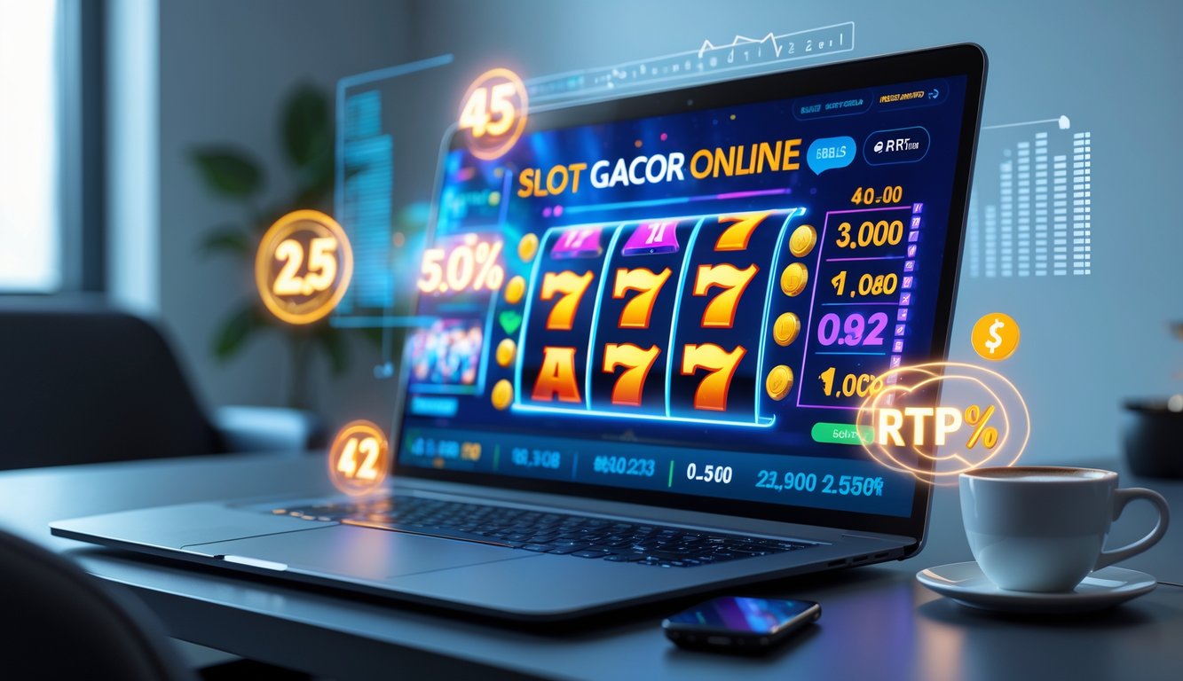 Seorang pengguna duduk di depan komputer dengan layar menampilkan permainan slot online yang berwarna-warni dan grafik data RTP di latar belakang.