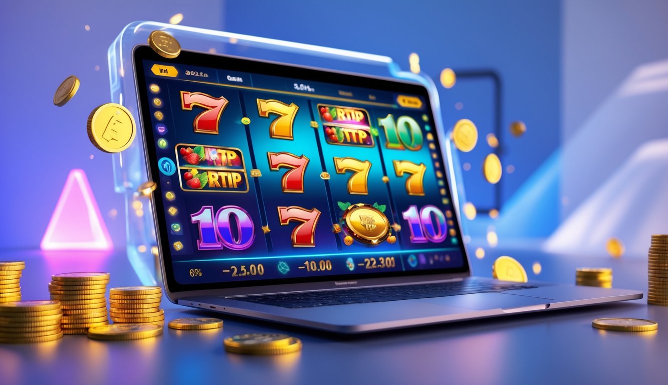 Layar komputer menampilkan permainan slot online dengan ikon warna-warni dan suasana kasino modern.