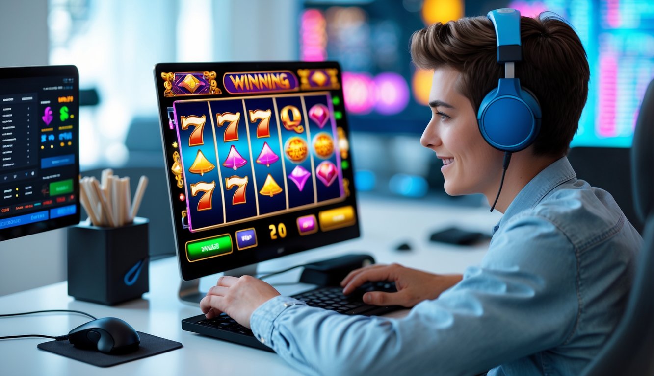 Seorang pemain muda menggunakan komputer dengan tampilan permainan slot online berwarna-warni di layar.