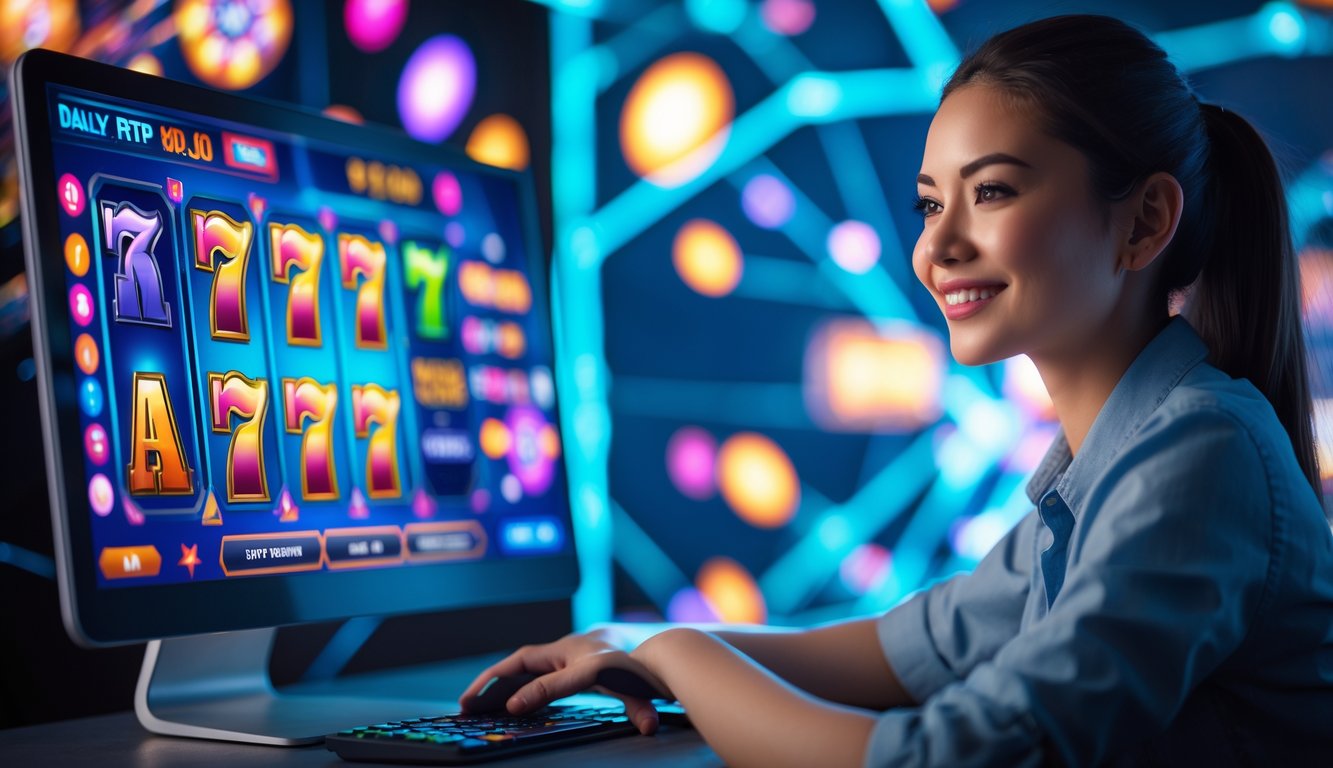 Seorang pemain muda sedang bermain permainan slot online di depan komputer dengan latar belakang elemen teknologi dan grafik mesin slot yang berwarna-warni.