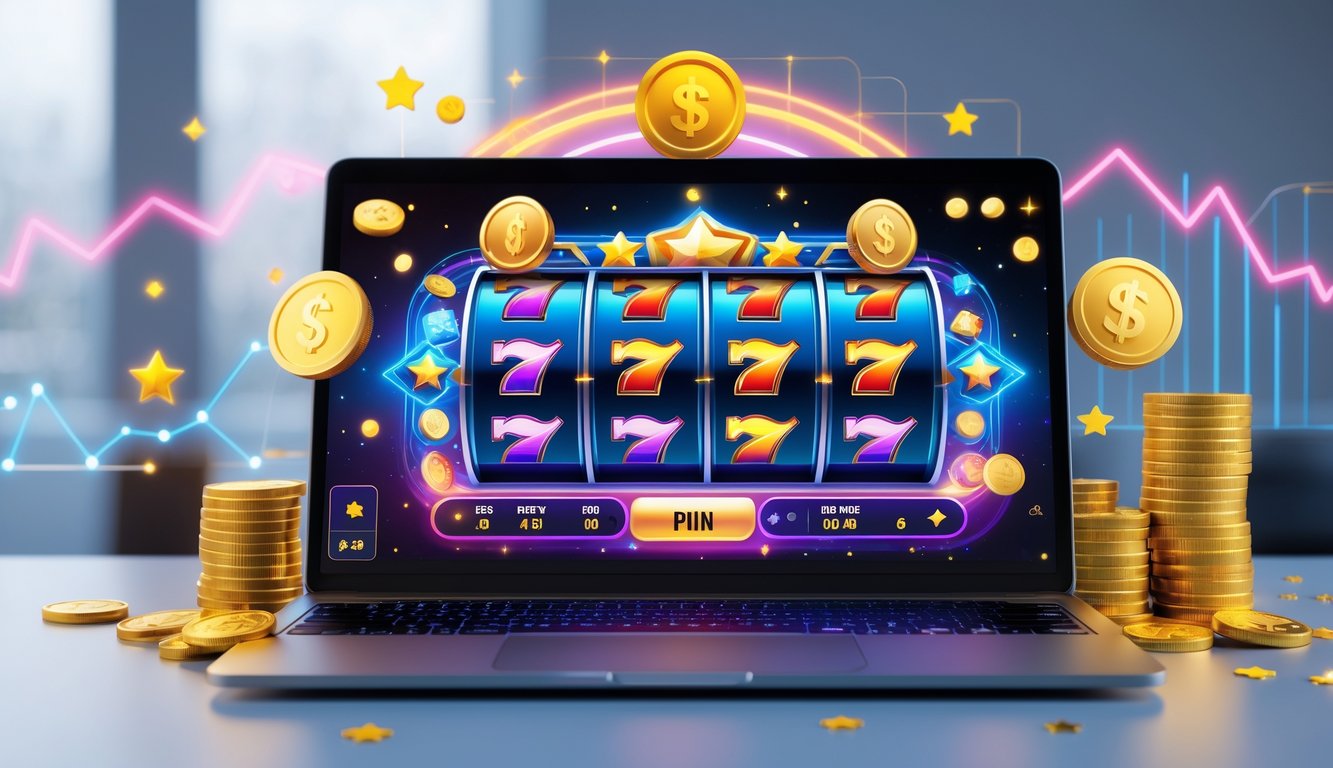 Sebuah komputer modern menampilkan permainan slot online dengan grafik berwarna cerah dan simbol kemenangan, dikelilingi oleh elemen digital seperti grafik naik dan koin.