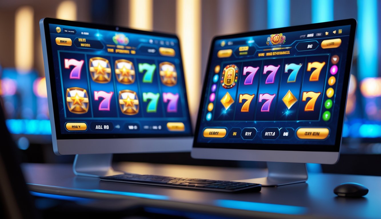 Seorang pengguna sedang bermain mesin slot online di komputer dan ponsel dengan latar belakang suasana kasino modern.