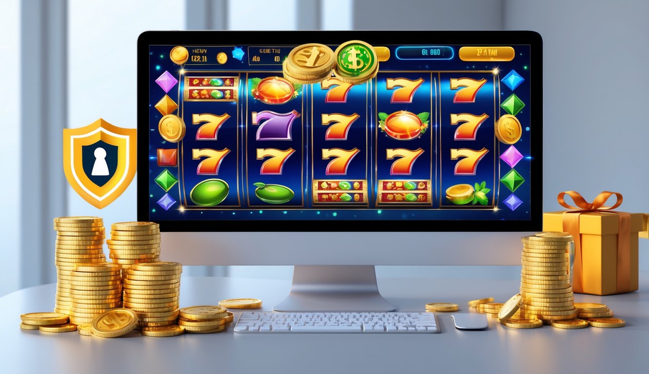 Seseorang duduk di depan komputer yang menampilkan permainan slot online dengan simbol warna-warni dan tumpukan koin emas di sekitar layar.