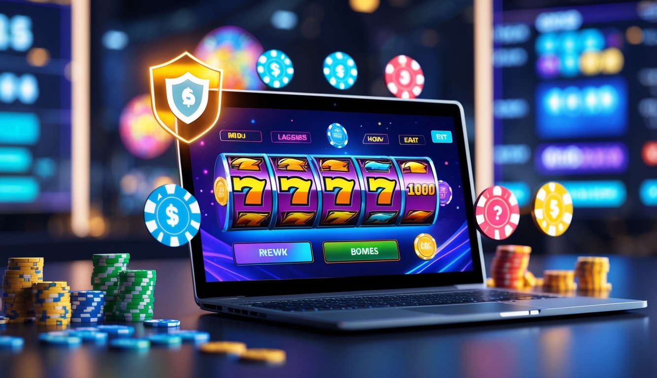 Seorang pengguna sedang bermain permainan slot online di komputer dengan grafik warna-warni dan simbol jackpot, dikelilingi ikon keamanan dan grafik statistik di latar belakang.