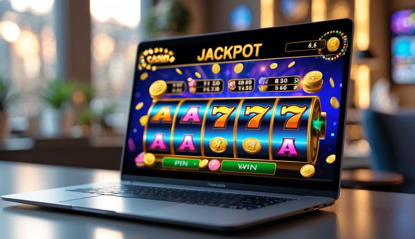 Sebuah laptop menampilkan permainan mesin slot online dengan simbol jackpot di sebuah ruang kerja modern yang terang dan nyaman.