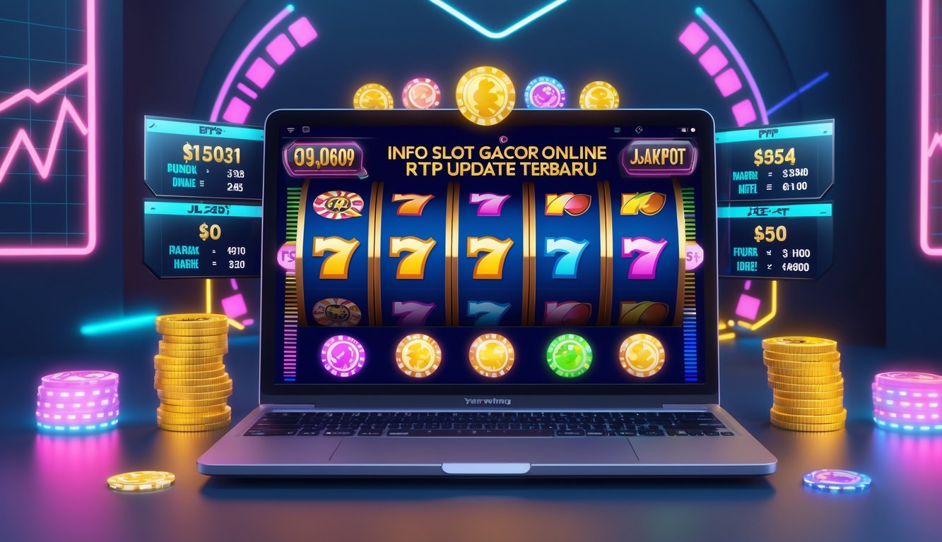 Sebuah layar komputer menampilkan permainan slot online dengan grafik warna-warni dan simbol jackpot, dikelilingi oleh elemen digital yang menunjukkan pembaruan dan statistik RTP.
