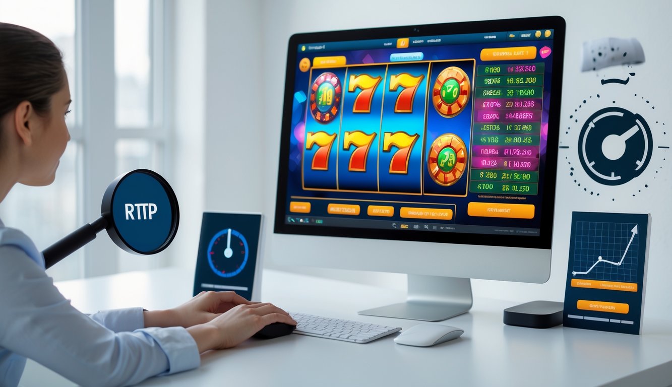 Sebuah meja kerja dengan komputer menampilkan permainan slot online berwarna-warni, dengan tangan seseorang siap menggunakan mouse di depan layar.