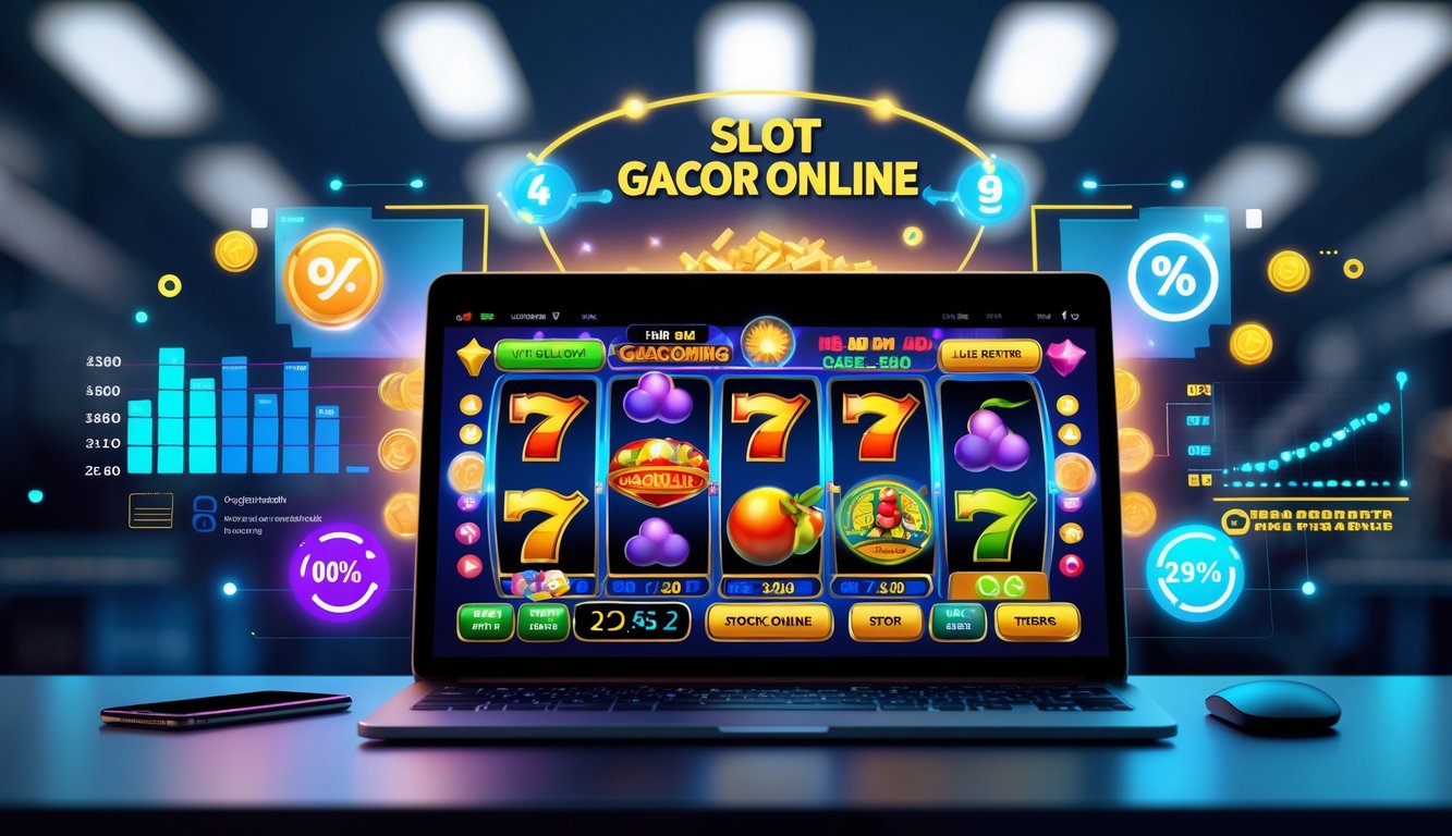 Seorang pengguna komputer dengan layar menampilkan permainan slot online berwarna-warni dan grafik data RTP, di meja kerja modern dengan perangkat teknologi.