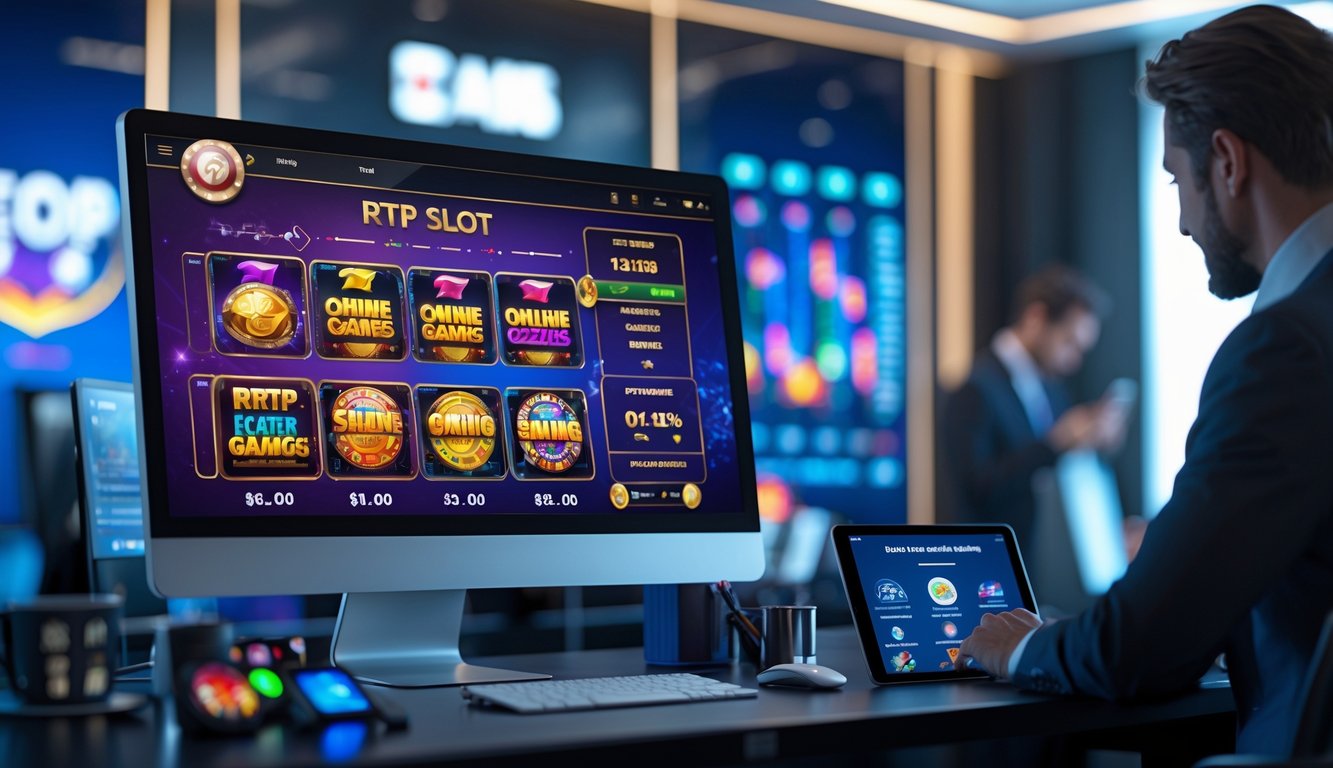 Seorang profesional sedang menganalisis data permainan slot online di depan komputer dengan grafik dan statistik di layar.