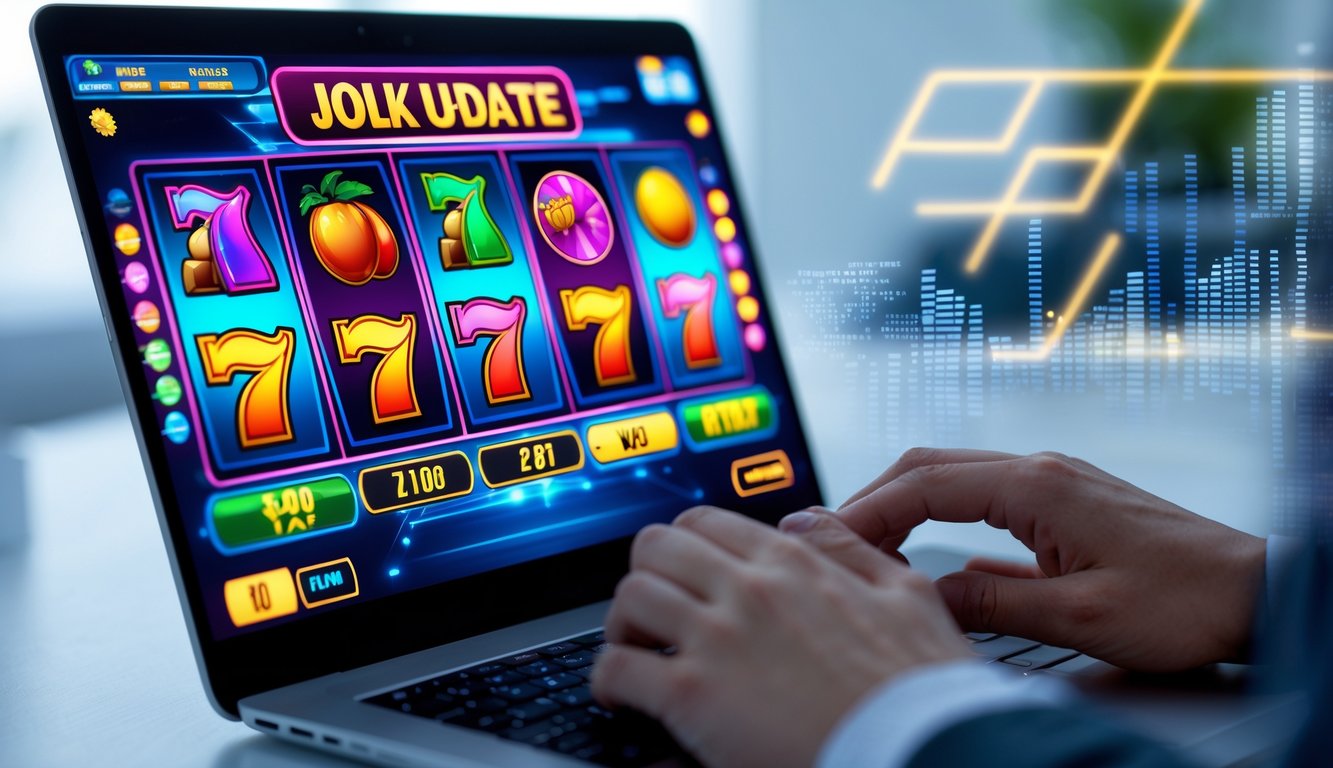 Seseorang menggunakan laptop dengan layar menampilkan grafik mesin slot berwarna-warni di ruang kerja modern.