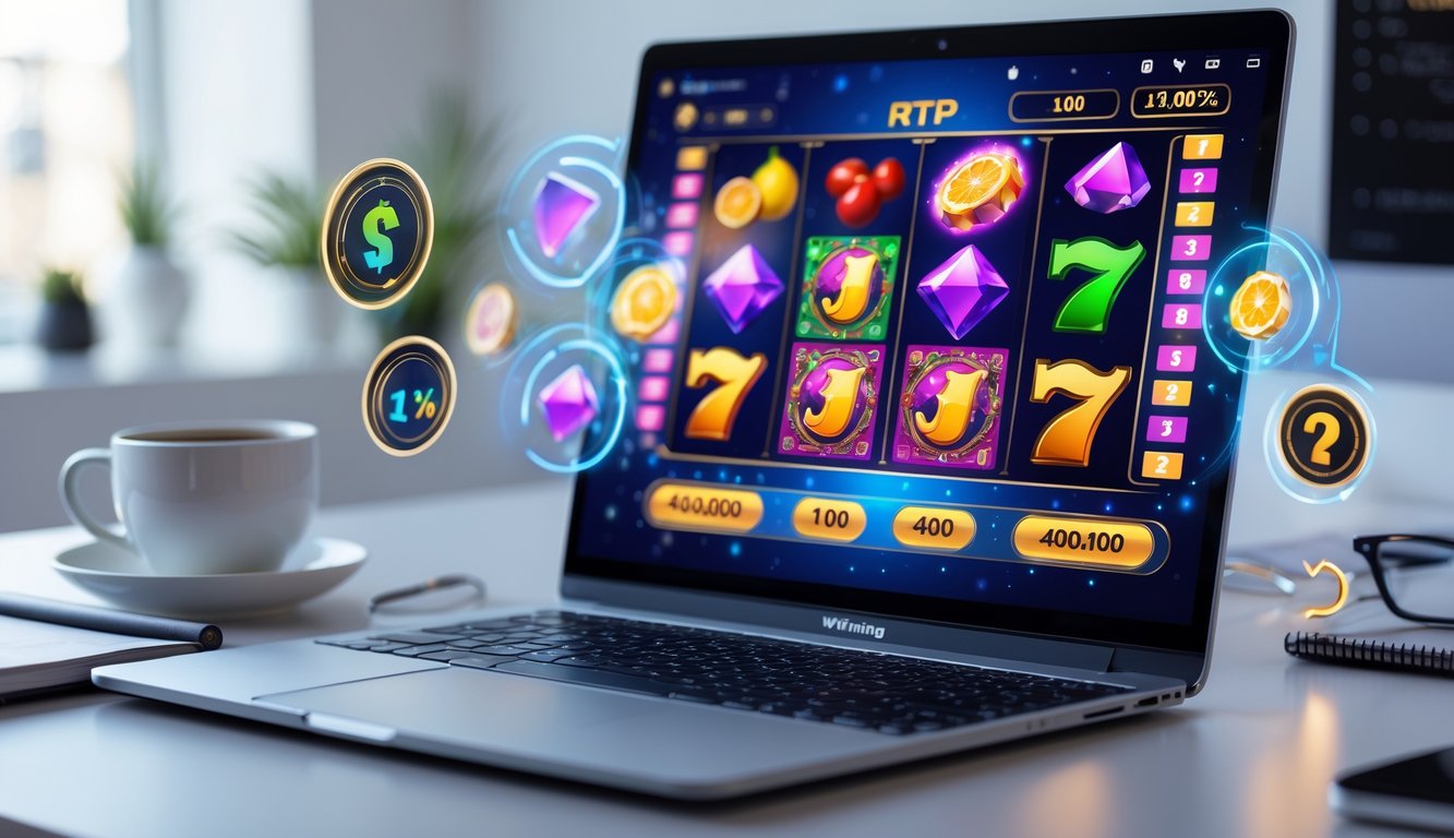 Seorang pengguna sedang bermain game slot online di laptop dengan layar menampilkan permainan slot berwarna-warni dan ikon yang menunjukkan persentase kemenangan tinggi di meja kerja yang rapi.